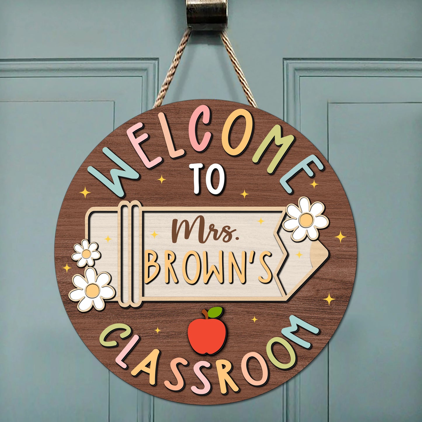 Wood Sign material and size view - Personalized Teacher Door Sign