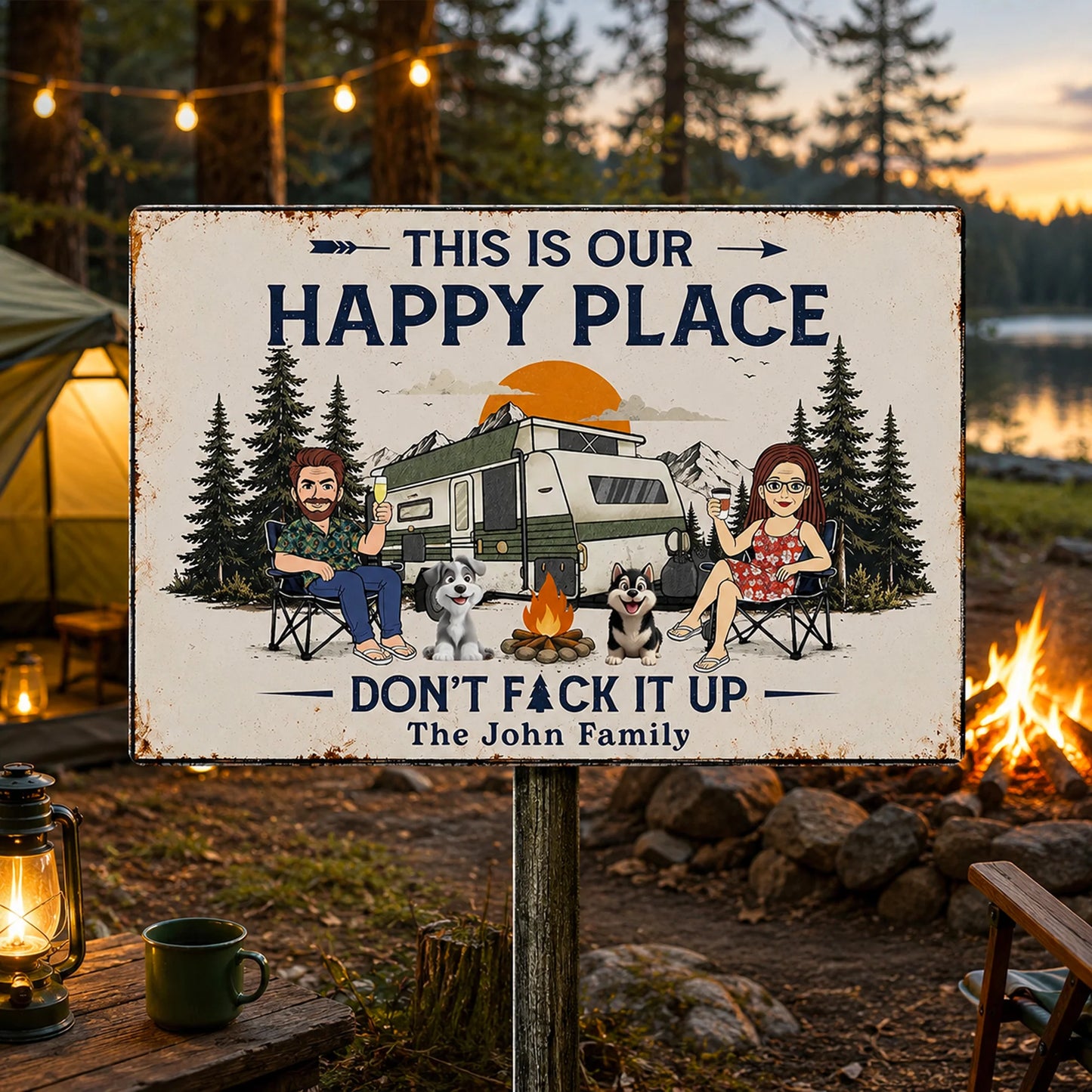 Custom Camping Metal Sign for Family with personalized design details for meaningful gifting
