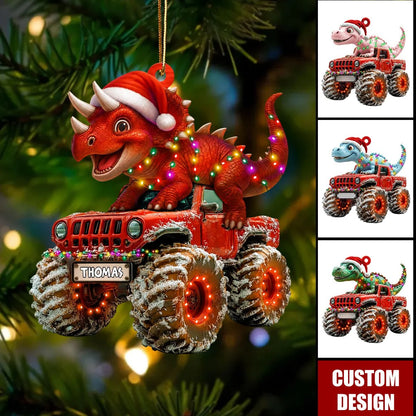 Personalized Dinosaur Monster Truck Wooden Christmas Ornament - Custom Name Keepsake Gift for Kids