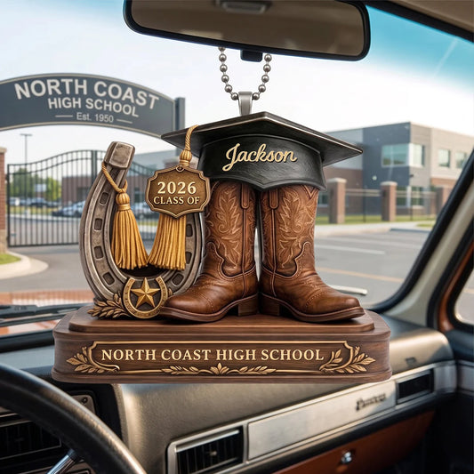 Custom graduation ornament 2026 shaped like cowboy boots with graduation cap and personalized name