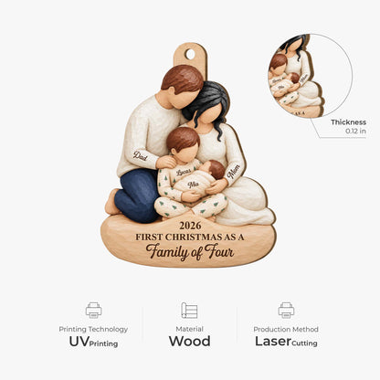 First Christmas as a Family of Four Personalized Wooden Ornament - Custom Holiday Keepsake