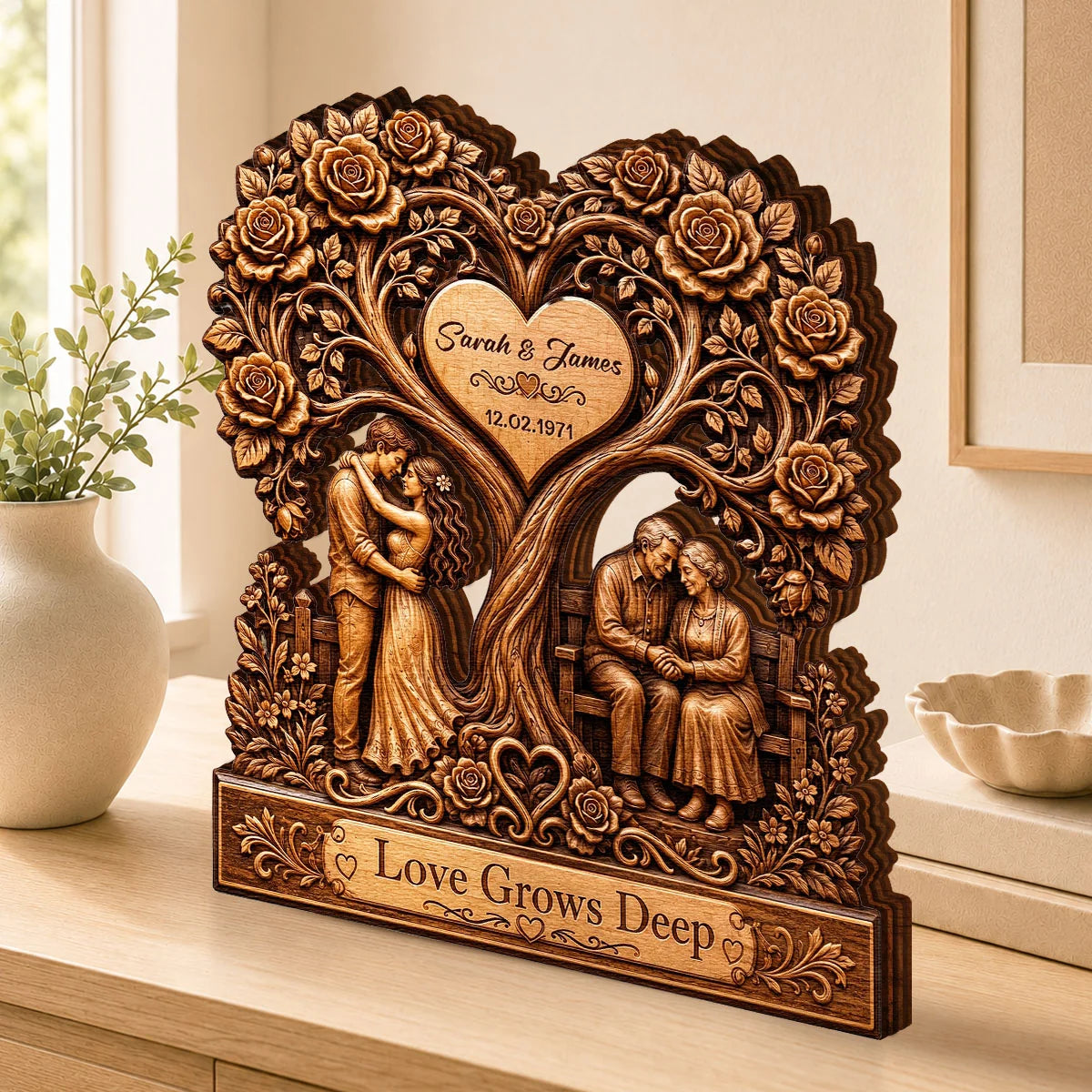 Love Grows Deep Custom Heart Tree Wooden Block - Personalized Anniversary Gift for Couple