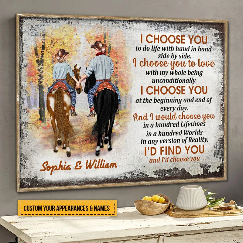 I Choose You Personalized Cowboy Couple Poster / Canvas - Custom Horse Lovers Wall Art Gift