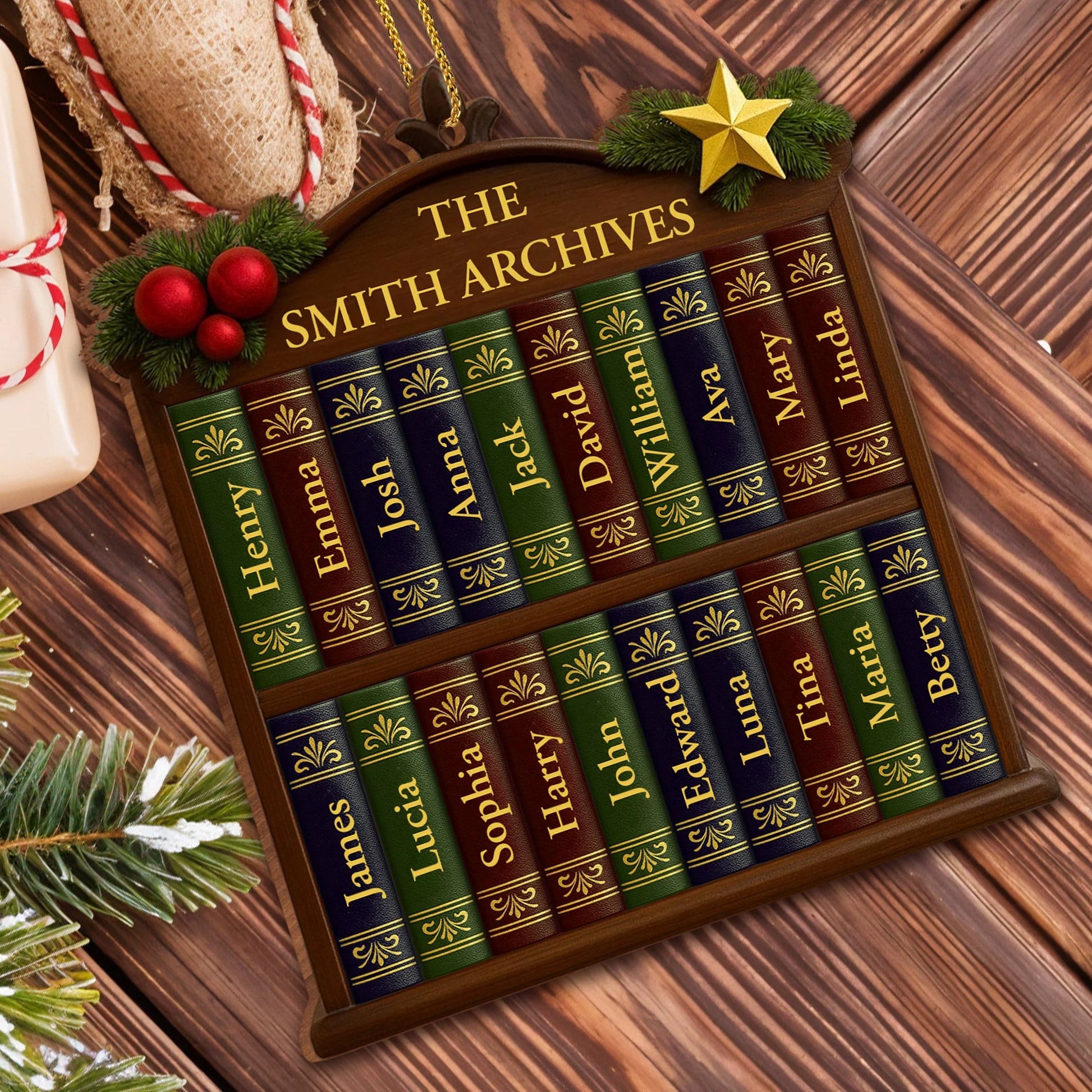 Custom Family Bookshelf Wooden Ornament - Personalized Christmas Decor Gift for Book Lovers