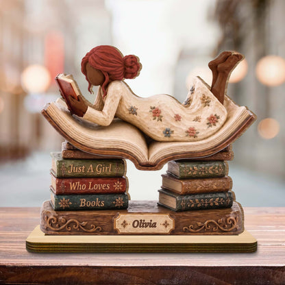 Personalized book lover wood plaque featuring a girl reading on a stack of books with custom name engraving image 6