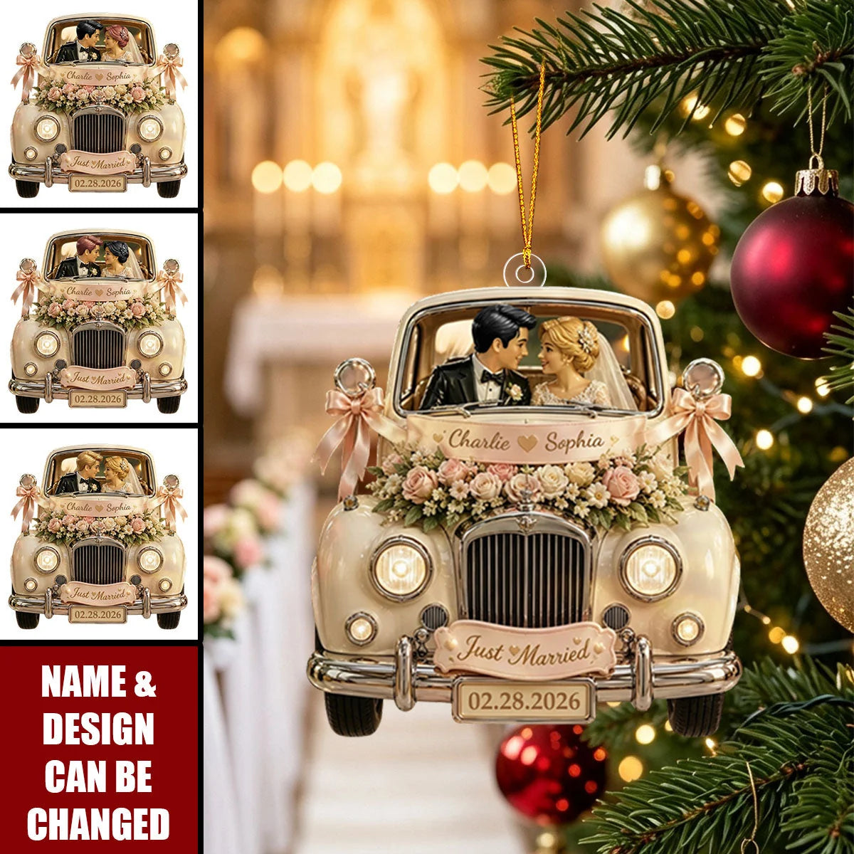 "Just Married" Custom Wedding Car Acrylic Ornament - Personalized Newlywed Keepsake Gift for Couples