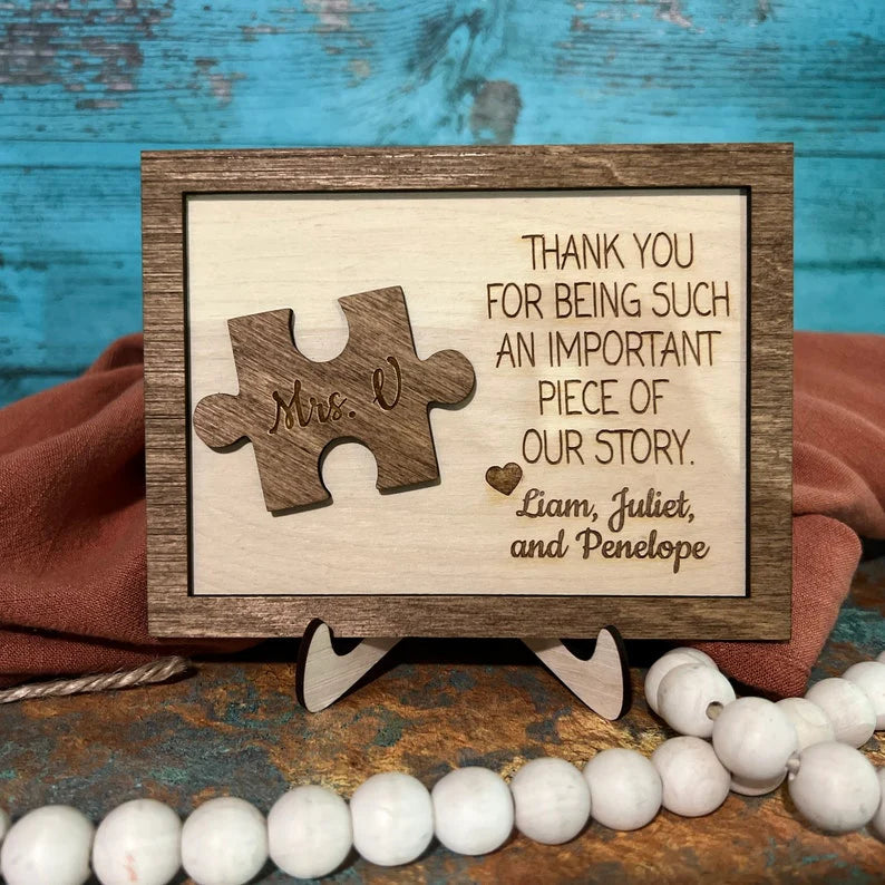 Personalized teacher appreciation plaque featuring custom wooden sign design with wooden stand for desk decoration