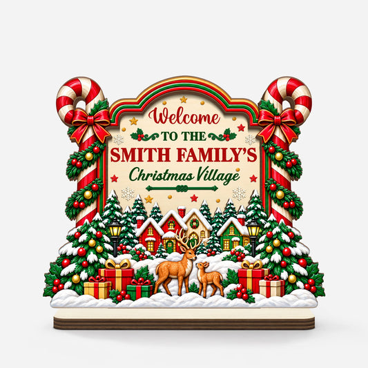"Welcome to the Family Christmas Village" Personalized Wooden Plaque - Christmas Gift for Family