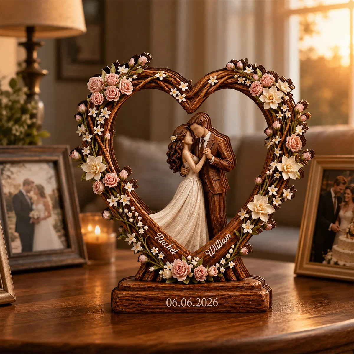 Personalized Wedding Couple Heart Wood Block - Custom Anniversary Gift