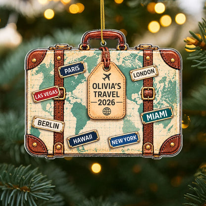 Vintage Travel Suitcase Personalized Acrylic Ornament - Custom Vacation Keepsake for Travelers