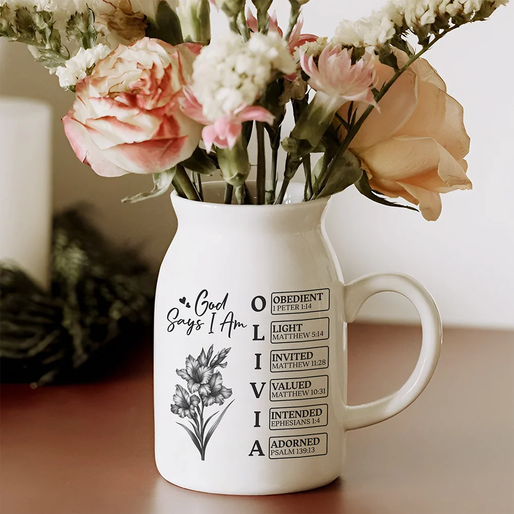 "God Says I Am" Personalized Ceramic Vase - Custom Bible Verse Floral Gift