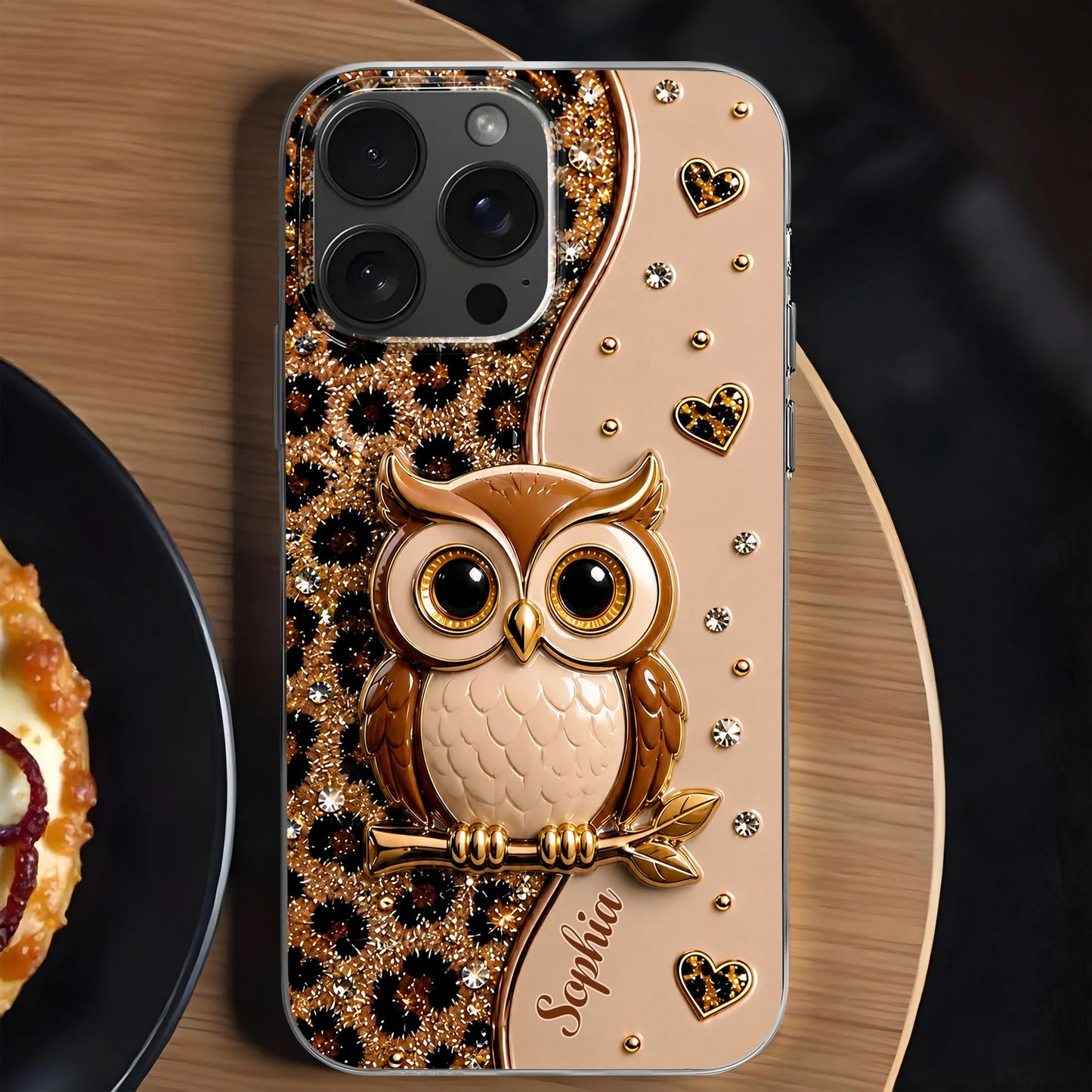 Personalized clear phone case featuring a cute wise owl on a branch with leopard print glitter hearts design