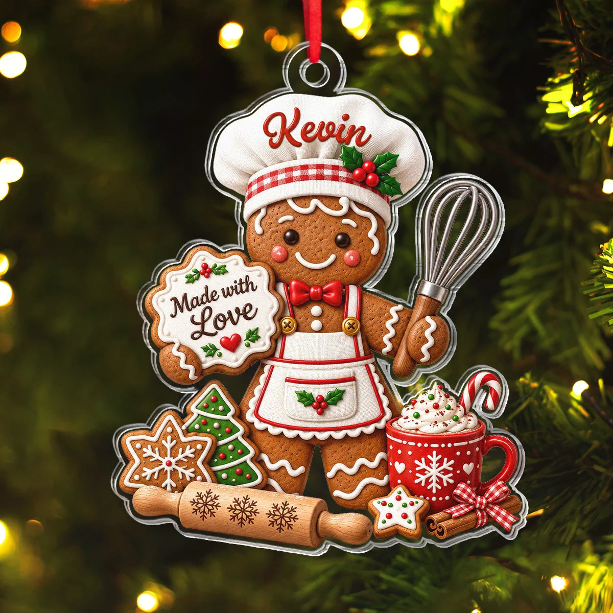 Made with Love Personalized Acrylic Ornament - Custom Christmas Gingerbread Baker Keepsake