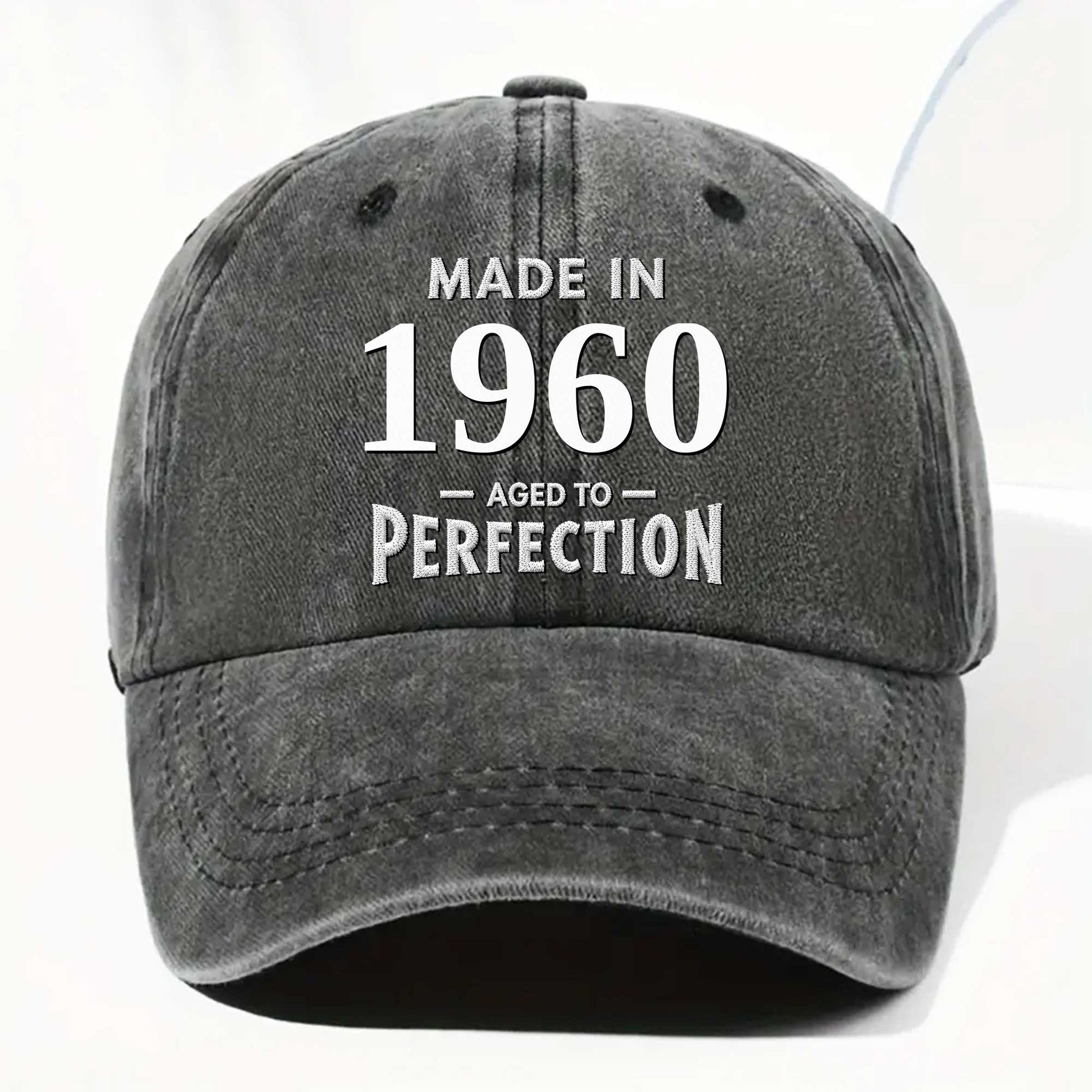 Custom Aged To Perfection Washed Denim Cap for Dad with personalized design details for meaningful gifting