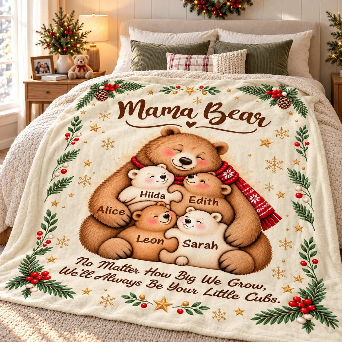 "Always Be Your Little Cubs" Personalized Mama Bear Blanket - Custom Kids' Names Christmas Gift for Mom