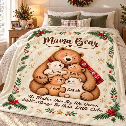 "Always Be Your Little Cubs" Personalized Mama Bear Blanket - Custom Kids' Names Christmas Gift for Mom