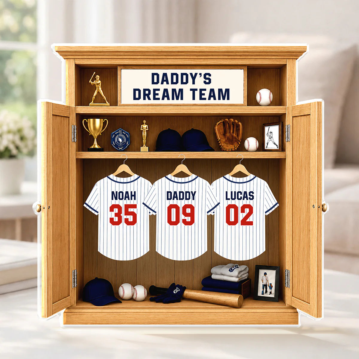 Custom baseball dad plaque featuring personalized locker room design with jerseys for Daddy, Noah, and Lucas