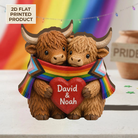 Personalized Rainbow Highland Cow Wooden Block - Custom LGBTQ Keepsake for Couples