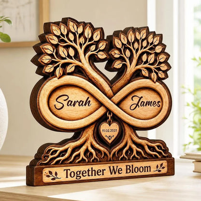 Together We Bloom Infinity Tree Personalized Wooden Block - Custom Anniversary & Wedding Keepsake Gift for Couples