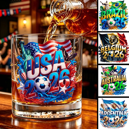 Custom soccer fan gift featuring personalized 2026 national team whiskey glass for match day watch parties
