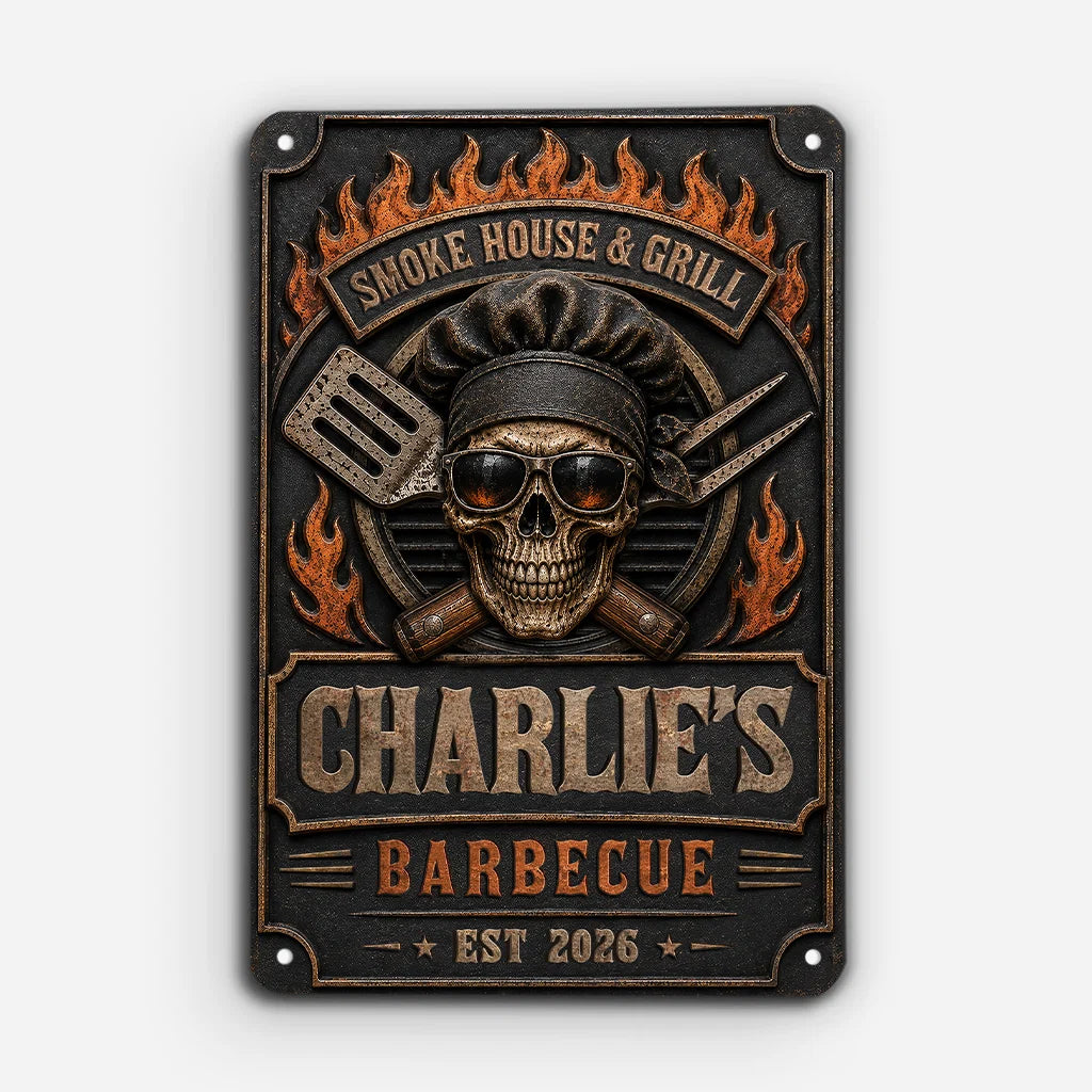Grill and Chill Skull Personalized BBQ Metal Sign - Custom Backyard Barbecue Decor