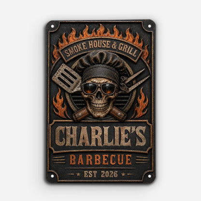 Grill and Chill Skull Personalized BBQ Metal Sign - Custom Backyard Barbecue Decor