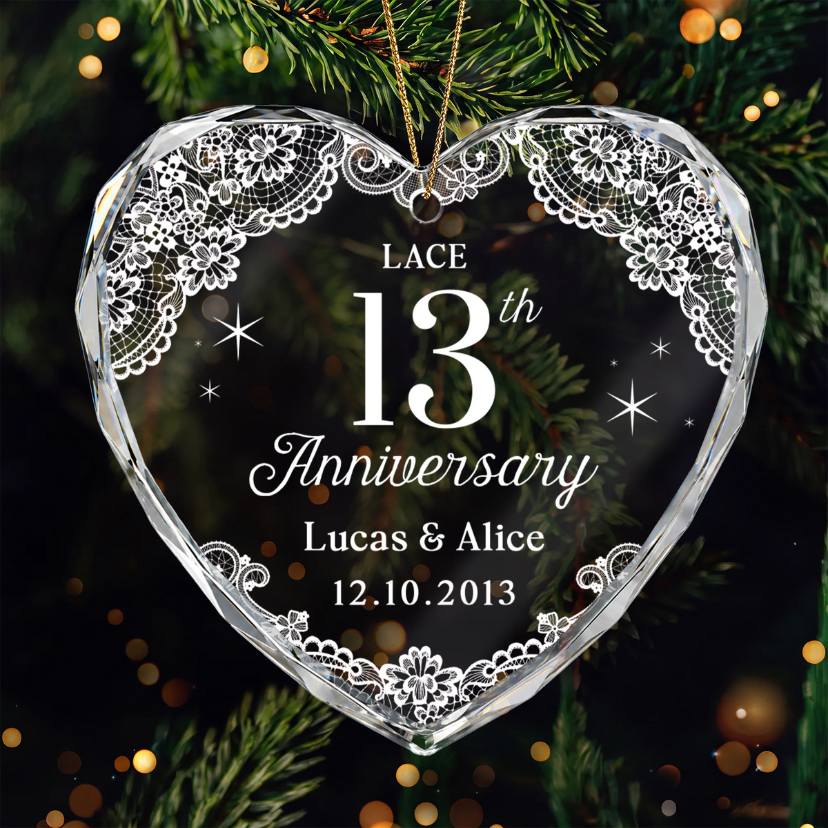 Lace 13th Anniversary Personalized Glass Heart Ornament - Keepsake Gift for Couples
