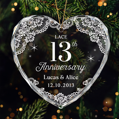 Lace 13th Anniversary Personalized Glass Heart Ornament - Keepsake Gift for Couples