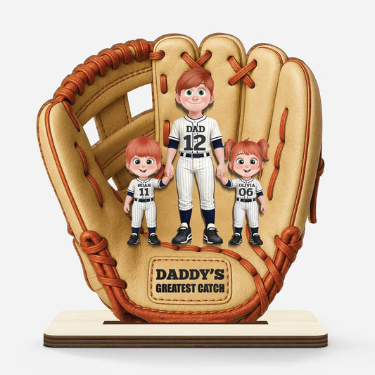 "Daddy's Greatest Catch" Personalized Baseball Wooden Plaque - Custom Gift for Dad & Mom with Kids Names