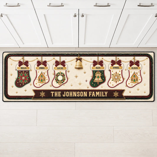 Custom Christmas Stockings Family Name Runner Rug - Personalized Holiday Kitchen Floor Mat Decor