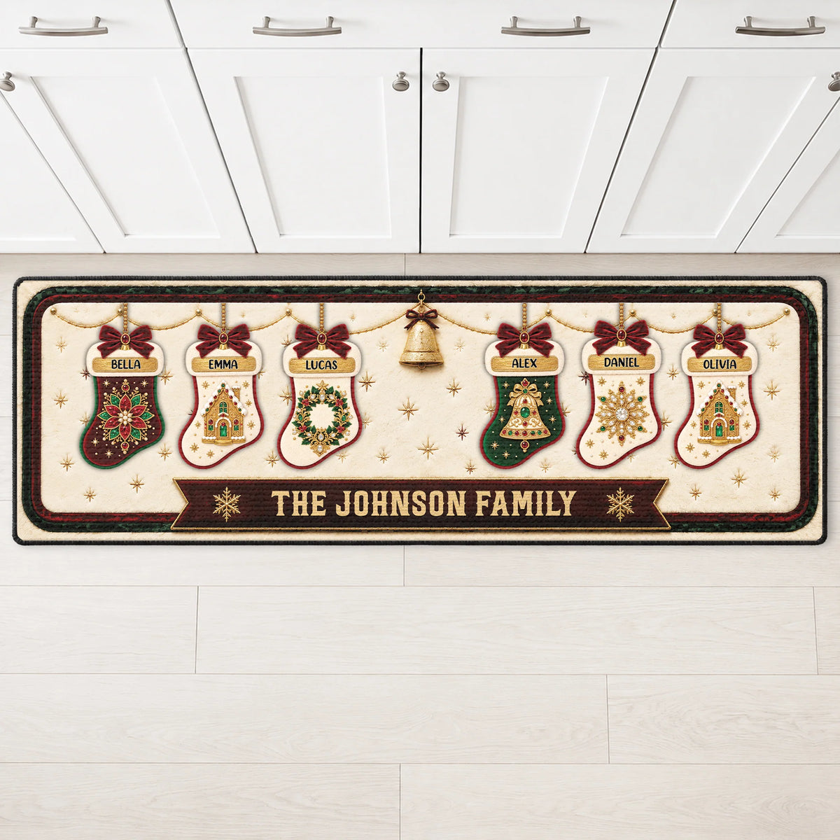 Custom Christmas Stockings Family Name Runner Rug - Personalized Holiday Kitchen Floor Mat Decor