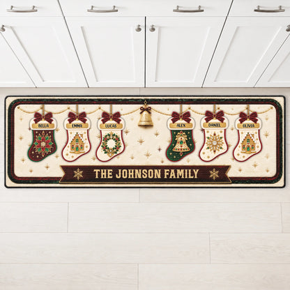 Custom Christmas Stockings Family Name Runner Rug - Personalized Holiday Kitchen Floor Mat Decor
