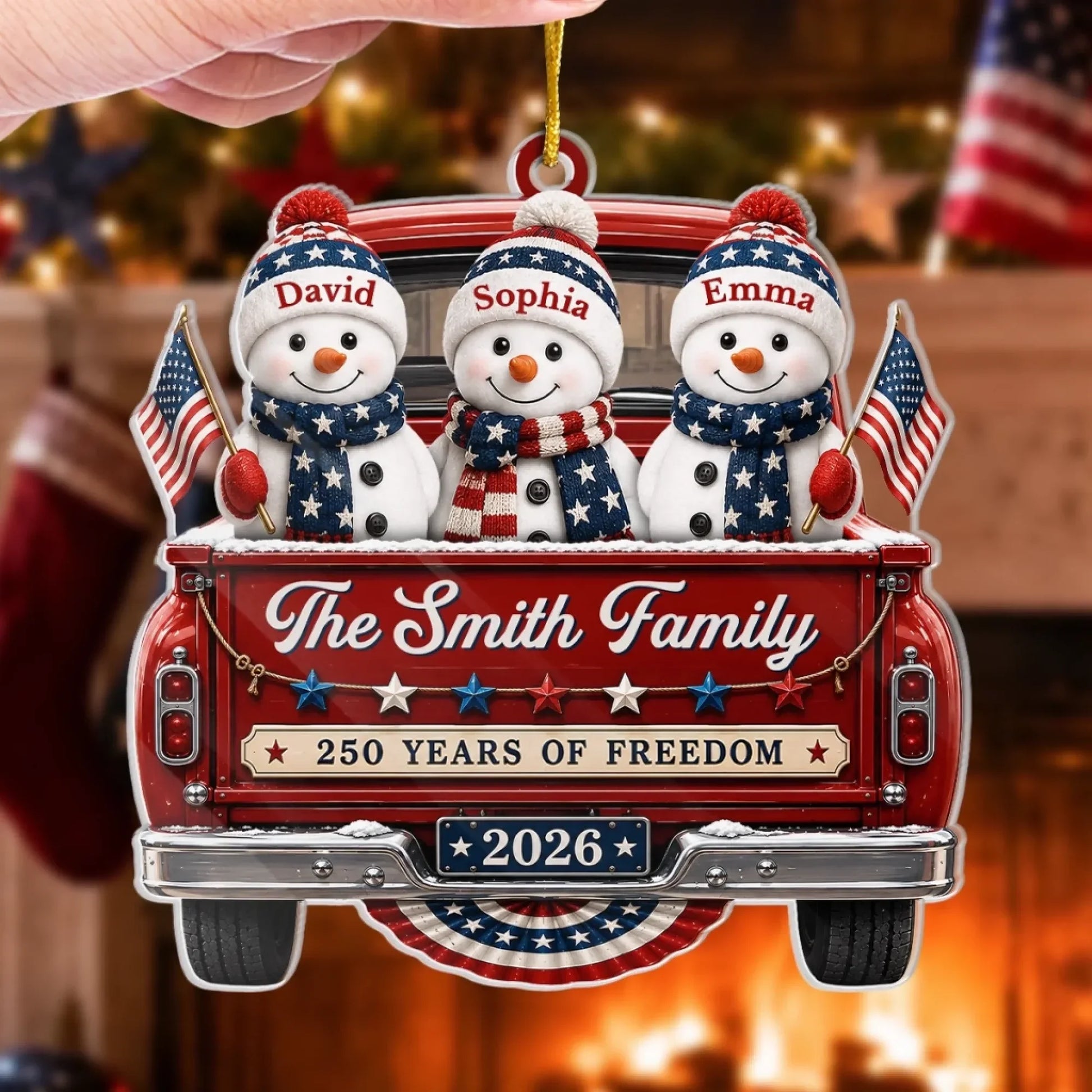 250 Years of Freedom Patriotic Family Truck - Personalized Christmas Acrylic Ornament Gift for Family