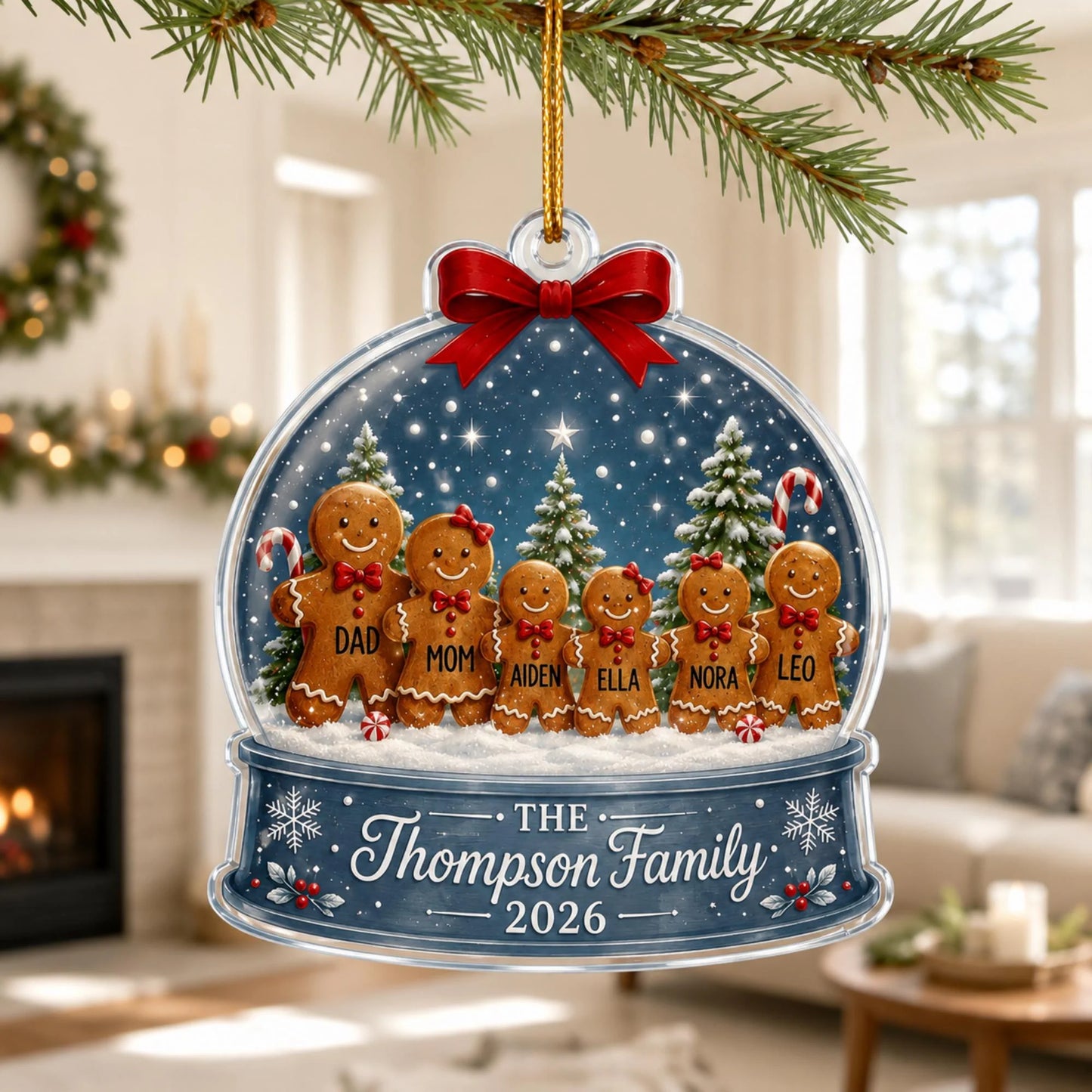 Personalized Family Gingerbread Acrylic Ornament - Custom Snow Globe Christmas Gift Keepsake