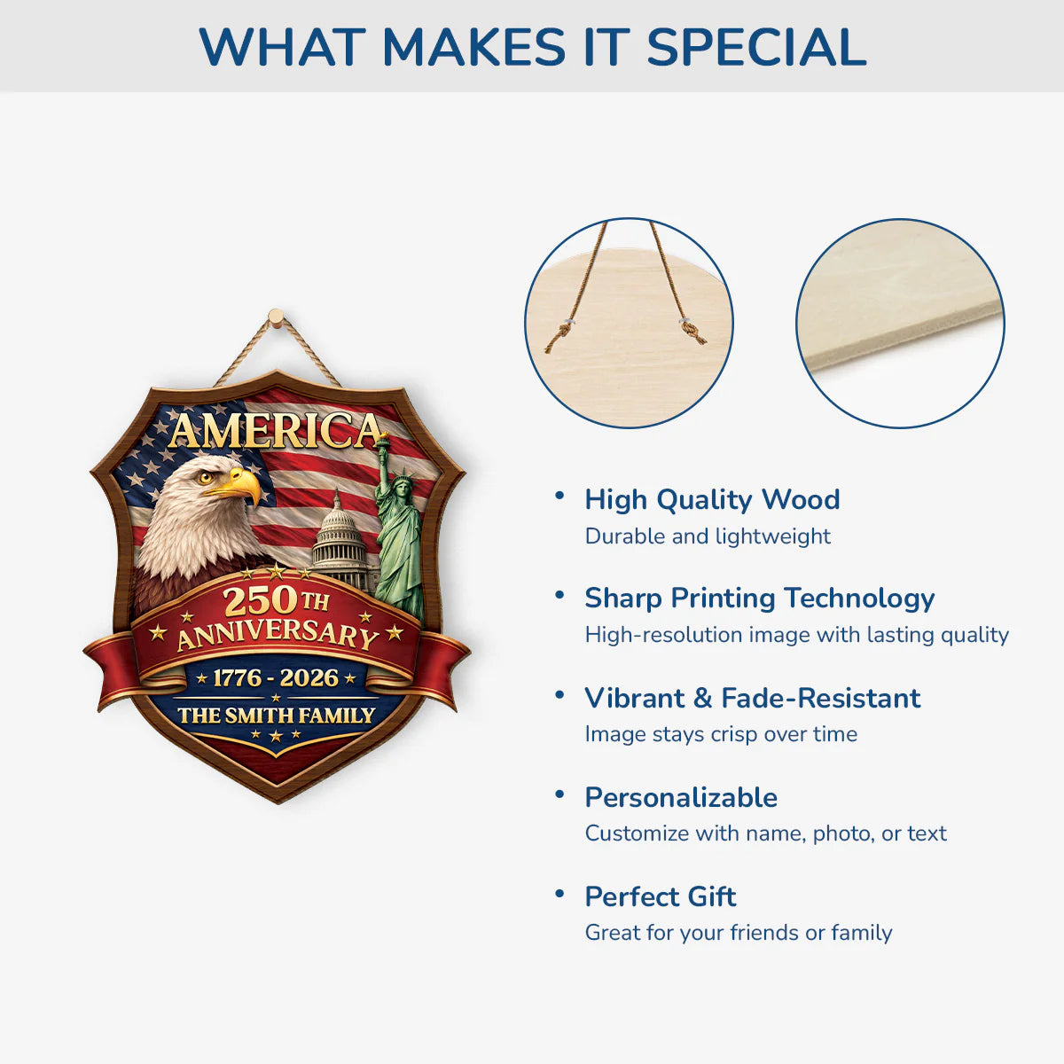 Wood Sign material and size view - Personalized America 250Th Anniversary Wood Sign