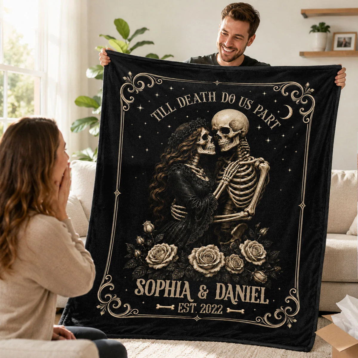 Till Death Do Us Part Skeleton Blanket - Personalized Gothic Couple Gift for Halloween & Anniversary