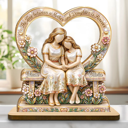Personalized mother daughter wood plaque with floral heart design and elegant display stand for Mom gift image 8