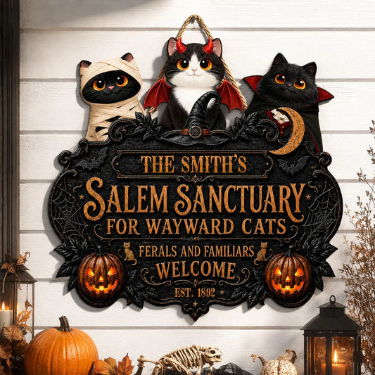 Salem Sanctuary For Wayward Cats Personalized Wood Sign - Custom Halloween Cat Lover Gift Decor