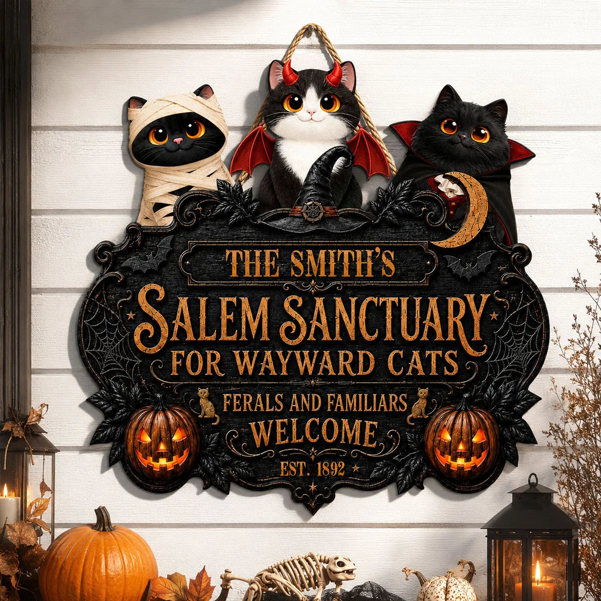 Salem Sanctuary For Wayward Cats Personalized Wood Sign - Custom Halloween Cat Lover Gift Decor