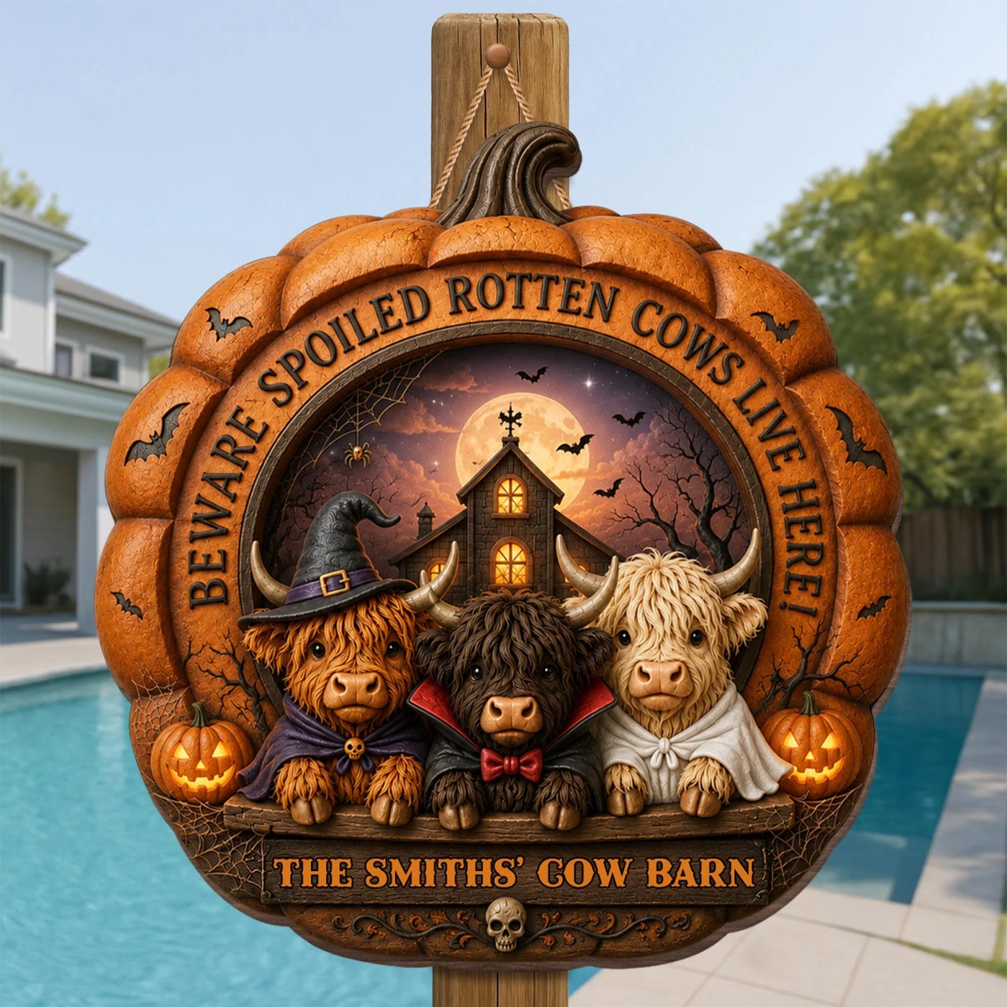 "Beware Spoiled Rotten Cows Live Here" - Personalized Highland Cow Farm Halloween Wood Sign