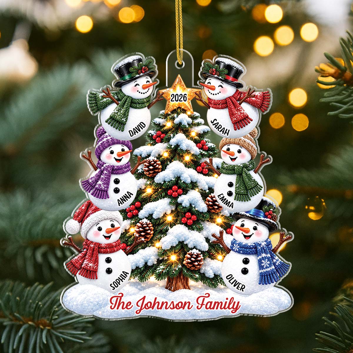 Snowman Family Tree Personalized Christmas Acrylic Ornament - Keepsake Gift for Family