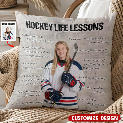 Personalized Hockey Life Lessons Photo Pillow personalization view for Son/Grandson