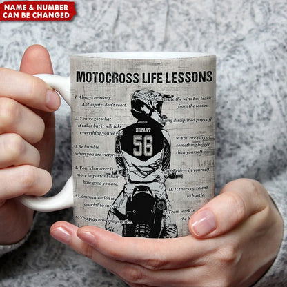 Motocross Life Lessons Personalized Mug - Custom Dirt Bike Name & Number Coffee Cup Gift