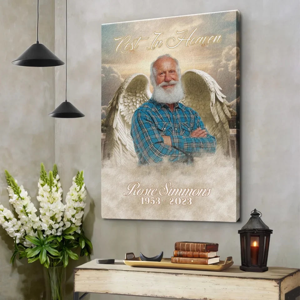"Rest in Heaven" Personalized Angel Wings Memorial Photo Canvas / Poster – A Loving Tribute for Family