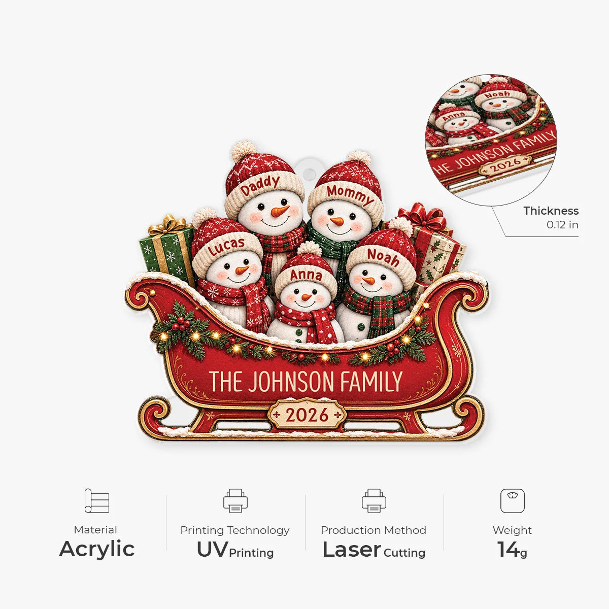 Snowman Family Sleigh Personalized Acrylic Ornament - Custom Christmas Keepsake Gift