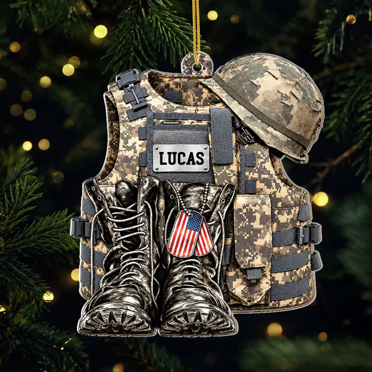 Tactical Vest & Boots Personalized Acrylic Ornament - Custom Keepsake Gift for Military Veterans
