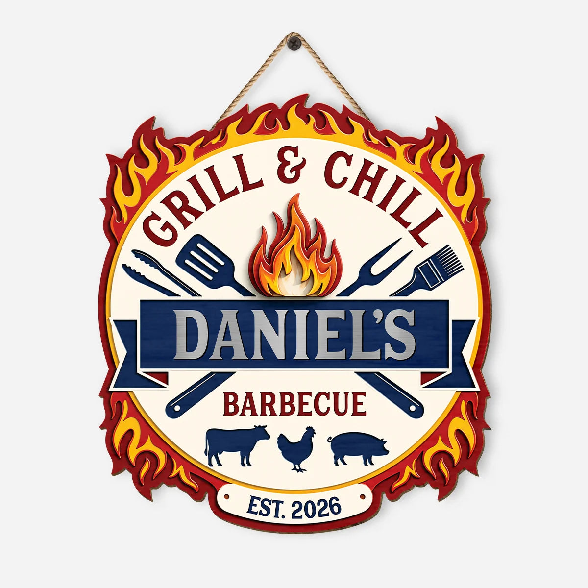 Grill & Chill Personalized BBQ Wood Sign - Custom Backyard Barbecue Decor Gift