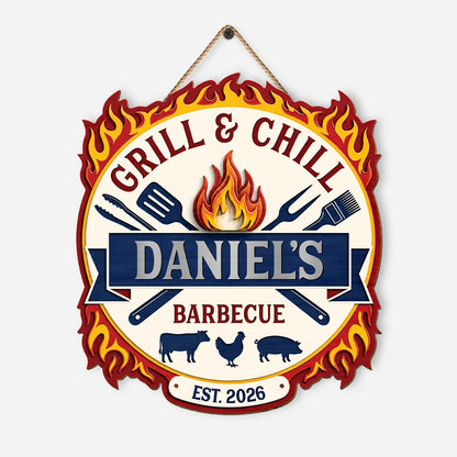 Grill & Chill Personalized BBQ Wood Sign - Custom Backyard Barbecue Decor Gift
