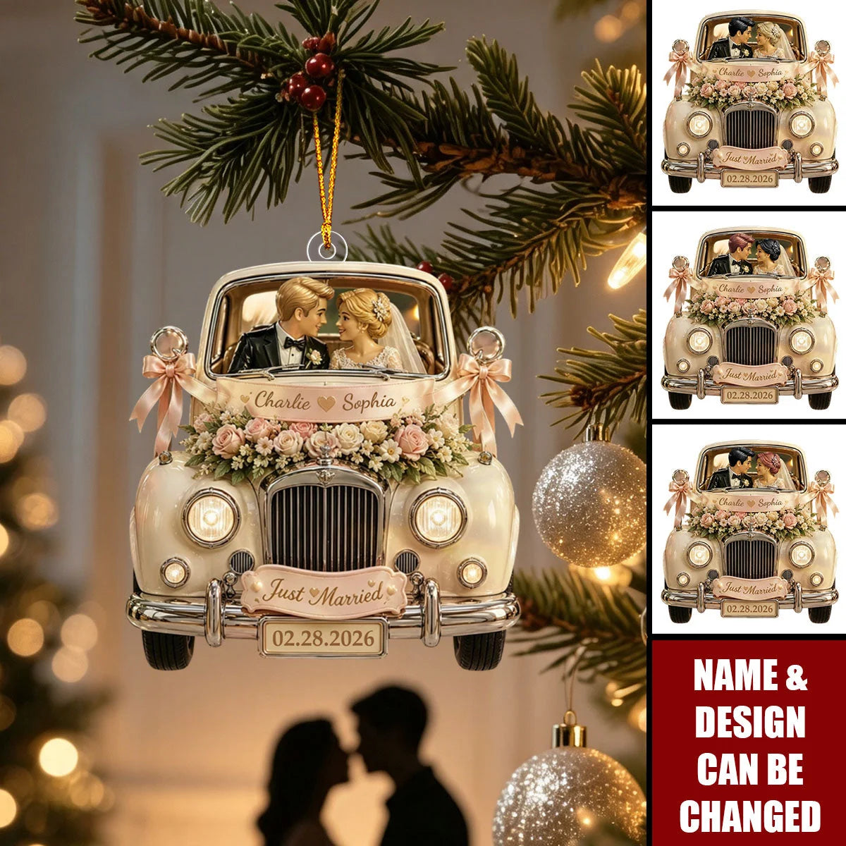 "Just Married" Custom Wedding Car Acrylic Ornament - Personalized Newlywed Keepsake Gift for Couples