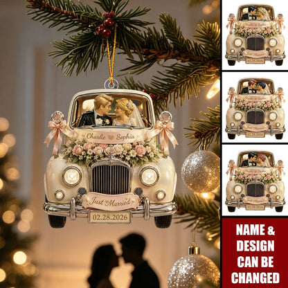 "Just Married" Custom Wedding Car Acrylic Ornament - Personalized Newlywed Keepsake Gift for Couples